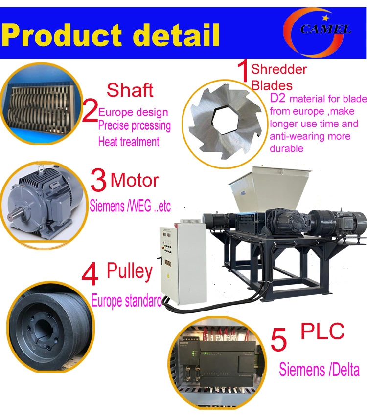 Camel Plastic Industrial Shredder Machine Crushing Plastic Film Waste Trash Can Rubber Tire and Wood Pallet